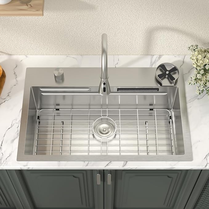 Lordear 31 Drop Kitchen Sink with Faucet Combo - 31"x20" Waterfall Kitchen Sink Workstation Stainless Steel 16 Gauge Single Bowl Topmount Handmade Sinks with Pull Out Faucet