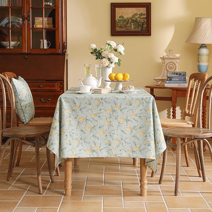 patdrea Designer Green Tablecloth for Rectangle Tables,Vintage Linen with Yellow Fruits Pattern Tablecloths,Cottage Rustic Table Cover Cloth Decor for Kitchen Dining Christmas,55"*87"