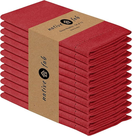 Native Fab Red Cloth Napkins 100% Cotton, Set of 12, 18"x18", Hemstitched Mitered Corners, Soft, Absorbent, Reusable Table Napkins for Wedding, Events, Lunch, Dinner, Parties - Red