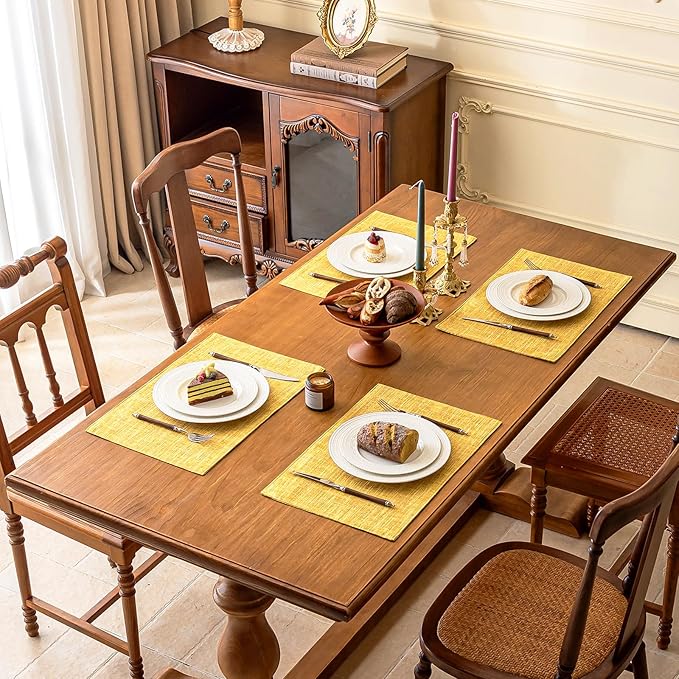 KXN Placemats Set of 6, Dual-Layer Thickened Faux Linen Table Mats, Heat Resistant & Wrinkle-Free, Machine Washable Cloth Place Mats for Kitchen Dining Indoor Outdoor (Yellow)