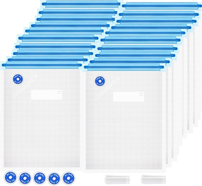 Sous Vide Bags Reusable 27Pcs, BPA Free Food Vacuum Sealer Bag, Food Storage Bags, Vacuum Zipper Bags for Sous Cooking - 20Pcs Vacuum Food Sealer Bag & 5 Air Valves & 2 Seal Clips (13.5X10 in) 4.3L