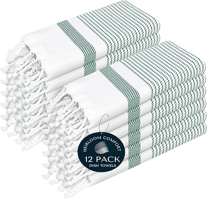 Turquiose Green Turkish Kitchen Towels 16"x26", 12 Pack, 100% Cotton, Ultra Absorbent, Soft, Fast Dry, Machine Washable, Dish Towel with Tassels for Drying Dishes, Cleaning, Wiping
