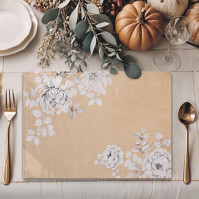 Maison d' Hermine Placemats Set of 4 100% Cotton Washable Cloth Place Mats, Reusable Table Mats for Thanksgiving Christmas Decorations Kitchen Dining Party Wedding (Pretty Autumn, 13" x 19")