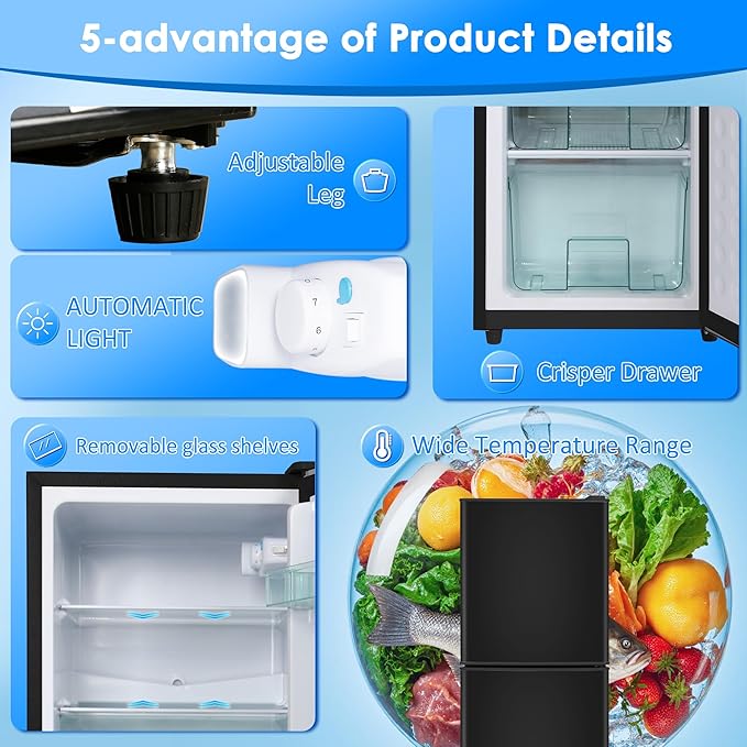 Compact Refrigerator with Freezer 4.2 Cu. Ft. 2-Door Dorm Fridge with Adjustable 7-Level Thermostat, Small Refrigerator with Freezer for Home, RV, College Dorm, Apartment, Office, Black