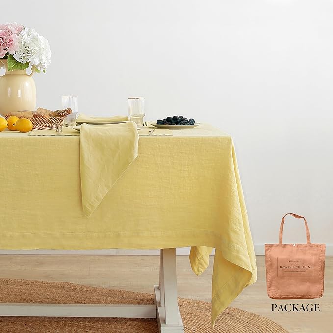 Linen World Vintage Tablecloths 60x108 Inch,100% French Linen Tablecloth,Classic Vintage Washed Table Cloths for Kitchen,Outdoor,Weddings,Decorative Valentine Easter,Mellow Yellow