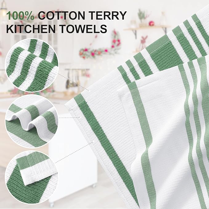 Homaxy Premium Kitchen Towels 18”x 28”, Large Cotton 380 GSM Kitchen Hand Towels, Stripe and Terry Dish Towel, Highly Absorbent Tea Towel Set with Hanging Loop, 6 Pack, Grass Green