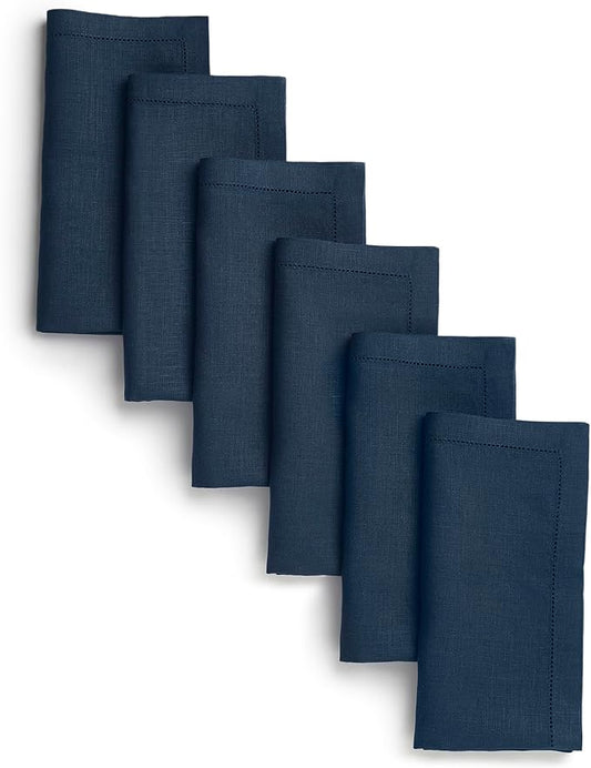 D'Moksha Homes Navy Blue Linen Napkins Set of 6 - Classic Hemstitch 100% Pure Linen Hemstitch Dinner Napkins 20 x 20 Inch for Fall, Thanksgiving, Holiday - Handcrafted and Machine Washable