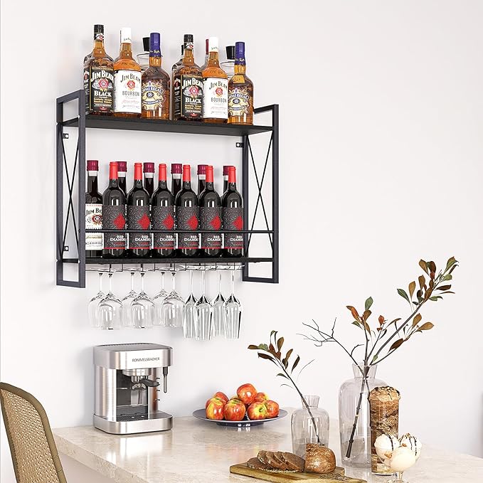 Dokser Wine Rack Wall Mounted 2 Tier Shelf, Wall Wine Rack with Rustic Wood & Industrial Iron Frame, Wine Bottle Holder for Kitchen, Dining Room, Home Bar Decor (Black)