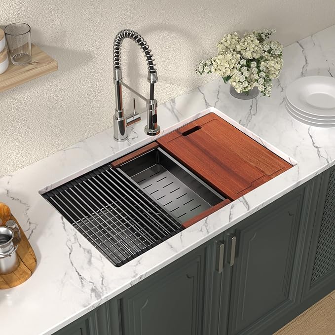 Lordear 32 Undermount Kitchen Sink 32X19 Inch Sinks Ledge Workstation Gunmetal Black 16 Gauge Stainless Steel Single Bowl Under Counter Kitchen Sink Basin with Built- in Accessories