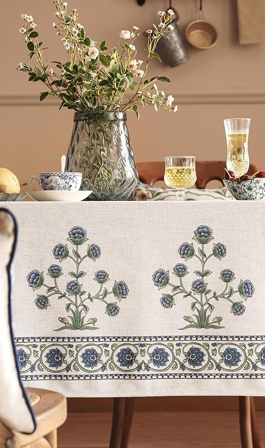 patdrea Designer Blue Tablecloth for Rectangle Tables,Vintage Linen with Leaves and Flowers Pattern Tablecloths,Farmhouse Floral Table Cover Cloth Decor for Kitchen Dining Christmas,55"*79"