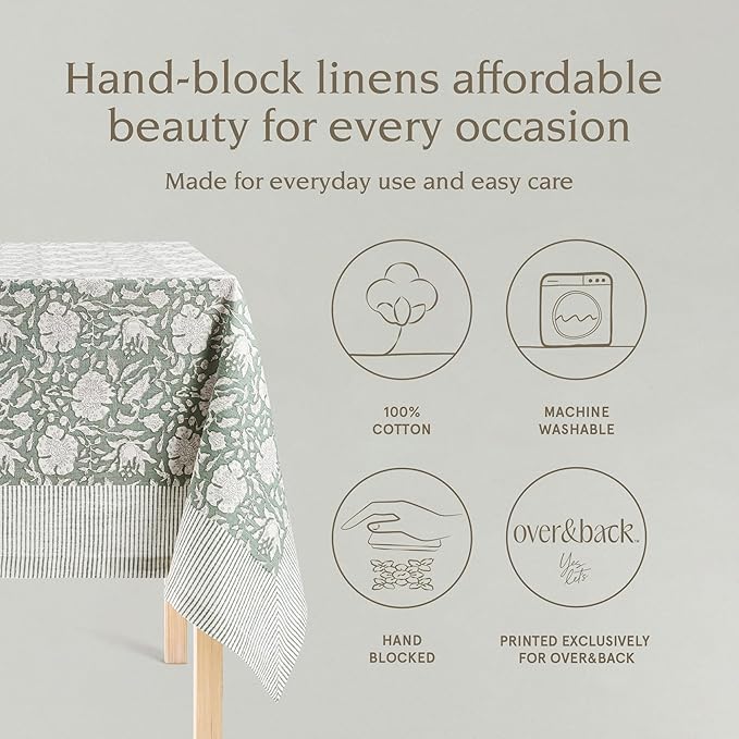 over&back Hand-Screened Tablecloth - Dining Table Cover - Each Tablecloth is Unique - 100% Cotton - Machine Washable - Kitchen and Home Decor - Green Floral - 70x90