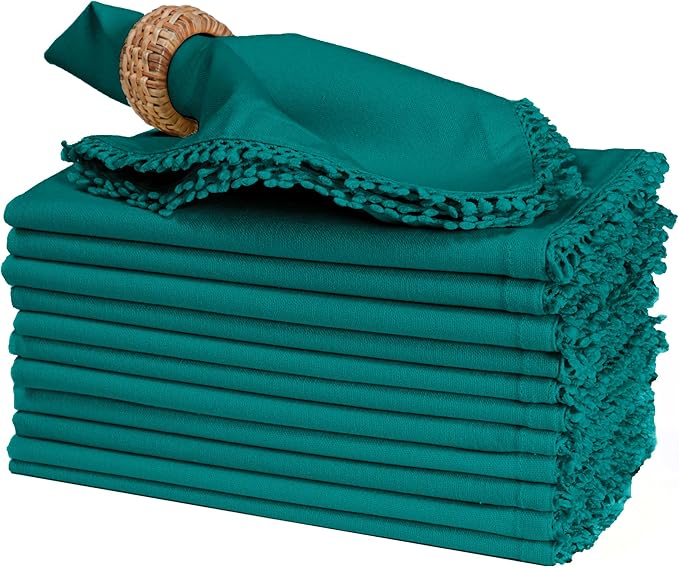 Bedding Craft Cotton Cloth Dinner Napkins Set of 12 – 18x18 Funfare with Decorative Lace Selvedge – Elegant Machine Washable Fabric Napkins for Weddings, Baby Showers, Parties & Dining