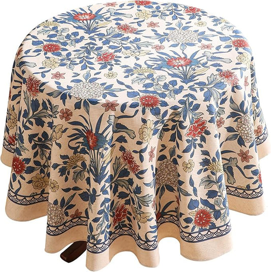 patdrea Designer Blue Tablecloth for Round Tables,Vintage Linen with Leaves and Flowers Pattern Tablecloths,Farmhouse Floral Table Cover Cloth Decor for Kitchen Dining Christmas,Diameter 67"