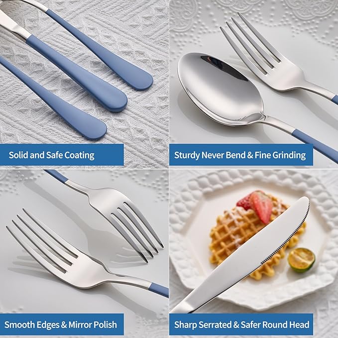 20-Piece Grey Blue Silverware Set, 18/0 Stainless Steel Grey Blue Handle Flatware Set, Service for 4,Modern Cutlery Set Includes Dinner Knives Forks Spoons,Mirror Polished,Dishwasher Safe