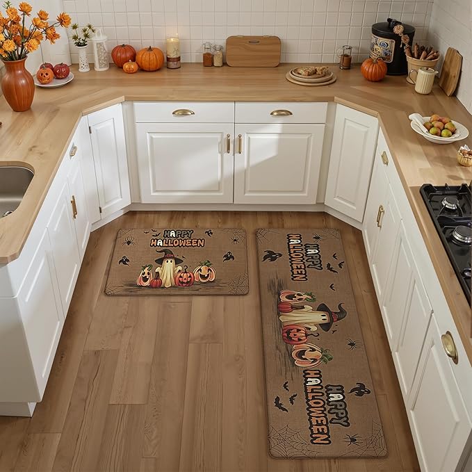 GENIMO Halloween Decorations - Kitchen Mats for Floor, 2PCS Kitchen Rugs, Cushioned Anti Fatigue Mat for Home Decor, Waterproof Non-Slip Comfort Standing Mat for Laundry, 17.3"x59"+17.3"x30", Brown