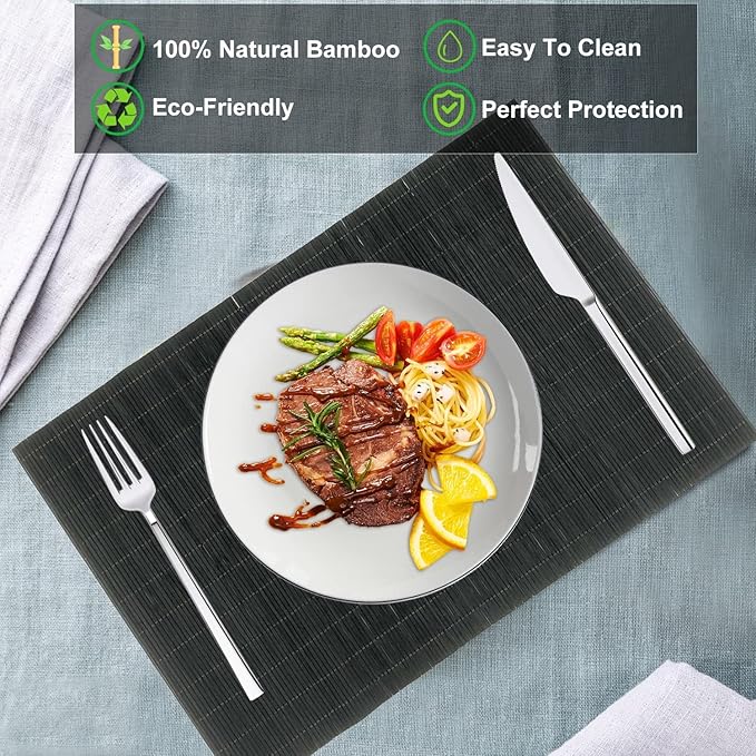 ANDSTAR Set of 12 Pcs Bamboo Placemats - Natural & Brown & Black, Anti-Slip, Heat-Resistant, Washable Table Mats for Dining and Kitchen