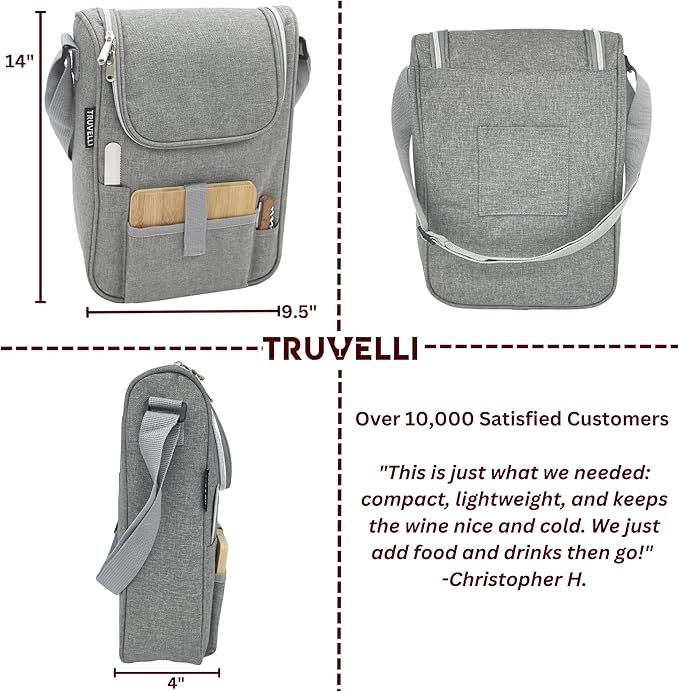 Truvelli Insulated Wine Tote Bag: Portable 2 Bottle Cheese Waterproof Black Canvas Carrier Picnic Kit - Stopper Attachment, Plus Wooden Charcuterie Board