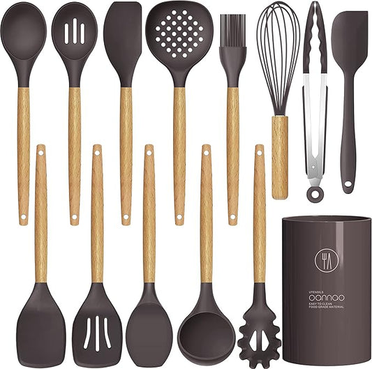 Silicone Cooking Utensils Set - 446°F Heat Resistant Silicone Kitchen Utensils for Cooking,Kitchen Utensil Spatula Set w Wooden Handles and Holder for Non-Stick Cookware, BPA FREE (Coffee)