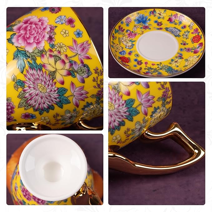 KAMMAK Tea Cups and Saucers Set of 2, Porcelain Coffee Cups with Saucer for Espresso, Cappuccino, 7oz Vintage Yellow Floral Ceramic Demitasse Mug for Home, Tea Party, Office