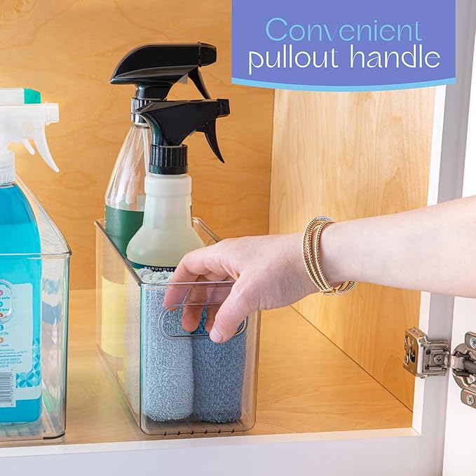 Clear Plastic 4 Pack Storage Container Bin with Integrated Easy Grip Handles. For Kitchen, Fridge, Freezer, Cabinet, Pantry, Bathroom Organization. 10"x4"x5"