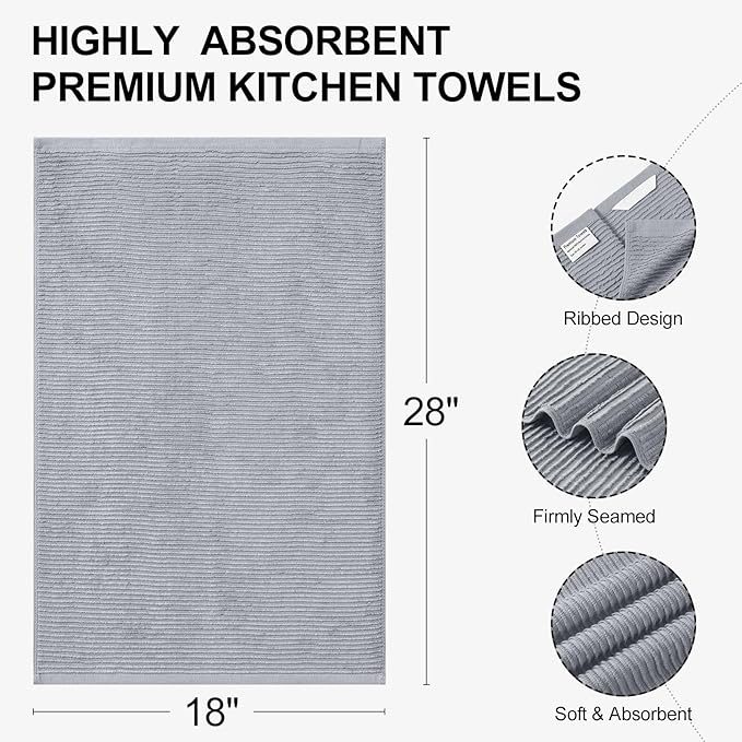 Homaxy Premium Kitchen Towels (18"x 28", 8 Pack), Large 100% Cotton Kitchen Hand Towels, Ultra Absorbent Ribbed Terry Tea Towels Set with Hanging Loop, Grey