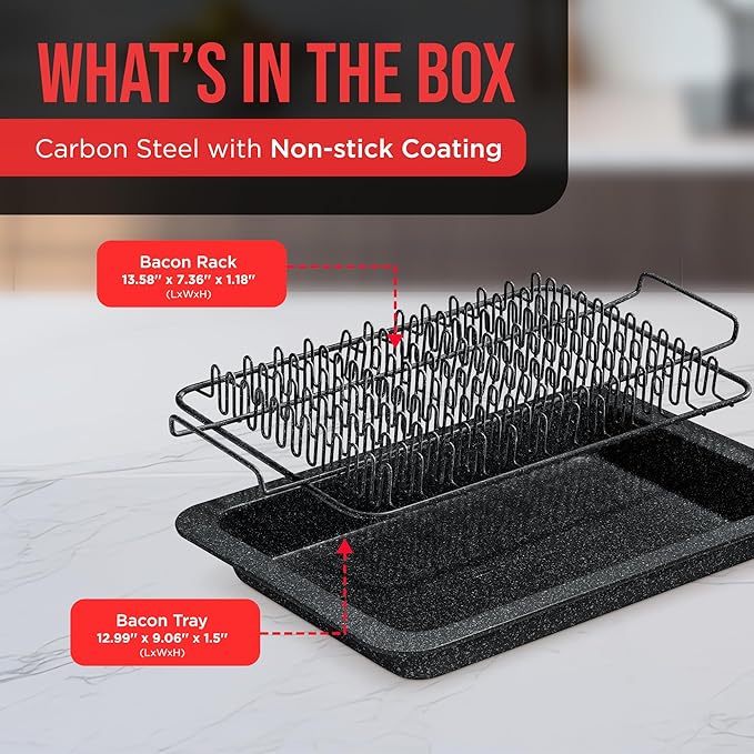 Bakken- Swiss Bacon Tray - 2-Piece Set – Marble Coating - Durable, Non-Stick Cooking Tray for Bacon – Black Stone Tray and Carbon Steel Rack