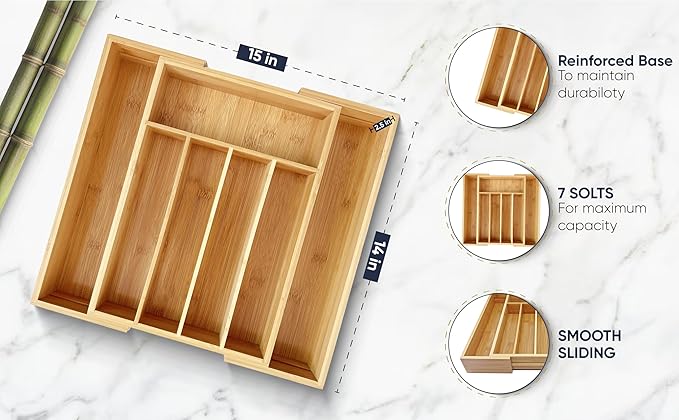 Expandable Bamboo Silverware Organizer Utensil Drawer Organizer Kitchen Utensil Organizer Cutlery Drawer Organizer 5-7 Slot Flatware Organizer For Drawers Gift Box 10-15 inch Length 14 Inch Height