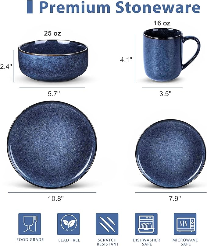 LIANYU 16 Piece Dinnerware Sets with Mugs, Stoneware Plates and Bowls Sets for 4, Dinner Dishware Dishes for Kitchen Dining, Microwave & Dishwasher Safe, Sapphire Blue