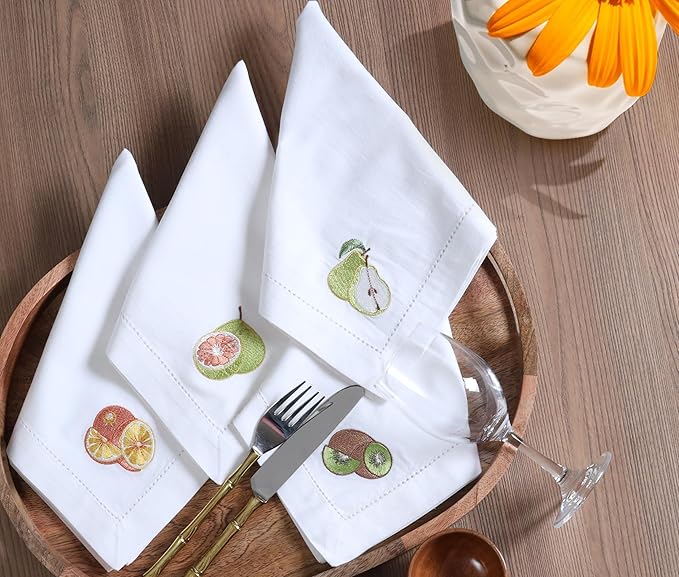 Bedding Craft Cotton Cloth Dinner Napkins Set of 12 – 18x18 Embroidered Motif with Hemstitched Design – Machine Washable Fabric Napkins for Weddings, Baby Showers, Christmas & Everyday Dining