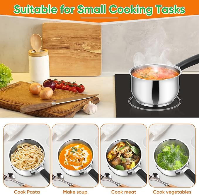 P&P CHEF 1 Quart Sauce Pan with Lid, Stainless Steel Saucepan, Small Milk Pot for Multipurpose Cooking, Visible Glass Lid & Stay-cool Silicone Handle & Tri-Ply Base, For All Stoves & Dishwasher Use