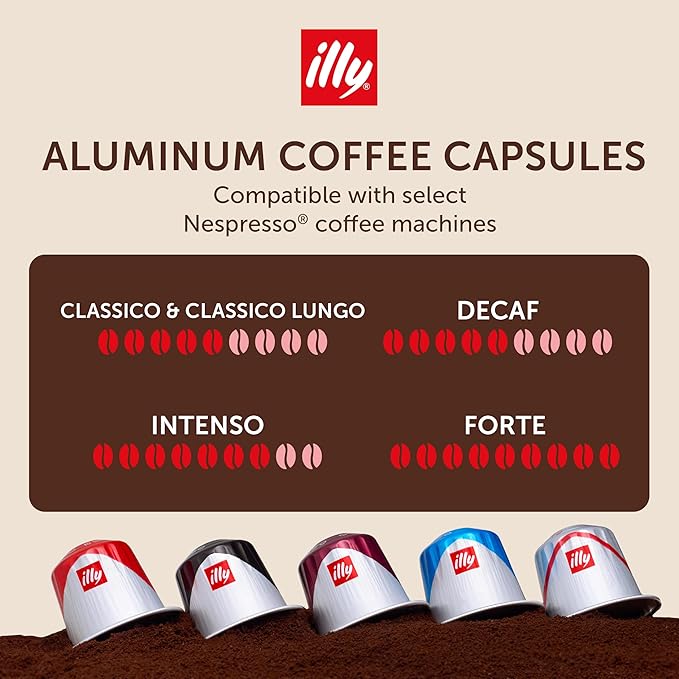 illy Aluminum Espresso Capsules - Compatible with Nespresso Machines - Classico, Forte, Intenso, Decaf, Classico Lungo Roasts - Variety - 10 Count (Pack of 5)