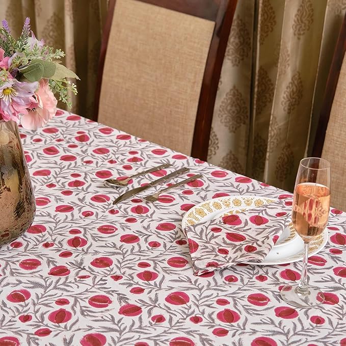 Ridhi Sangria Red Hand Block Print Cotton Rectangle Tablecloth 118 x 70 inches Reusable Table Cover Decorative Everyday Use for Dining Room, Farmhouse, Home, Party, Festive & Wedding, Fall