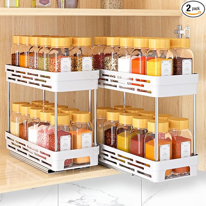 Pull Out Spice Rack Organizer for Cabinet, 2 Pack Slide Out Spice Racks Organizer, Spice Cabinet Organizers, Cabinet Size Need:12'' Highx11'' Deepx5'' Wide,Hold 10 Spice Jar Each Tier-2Tier, White