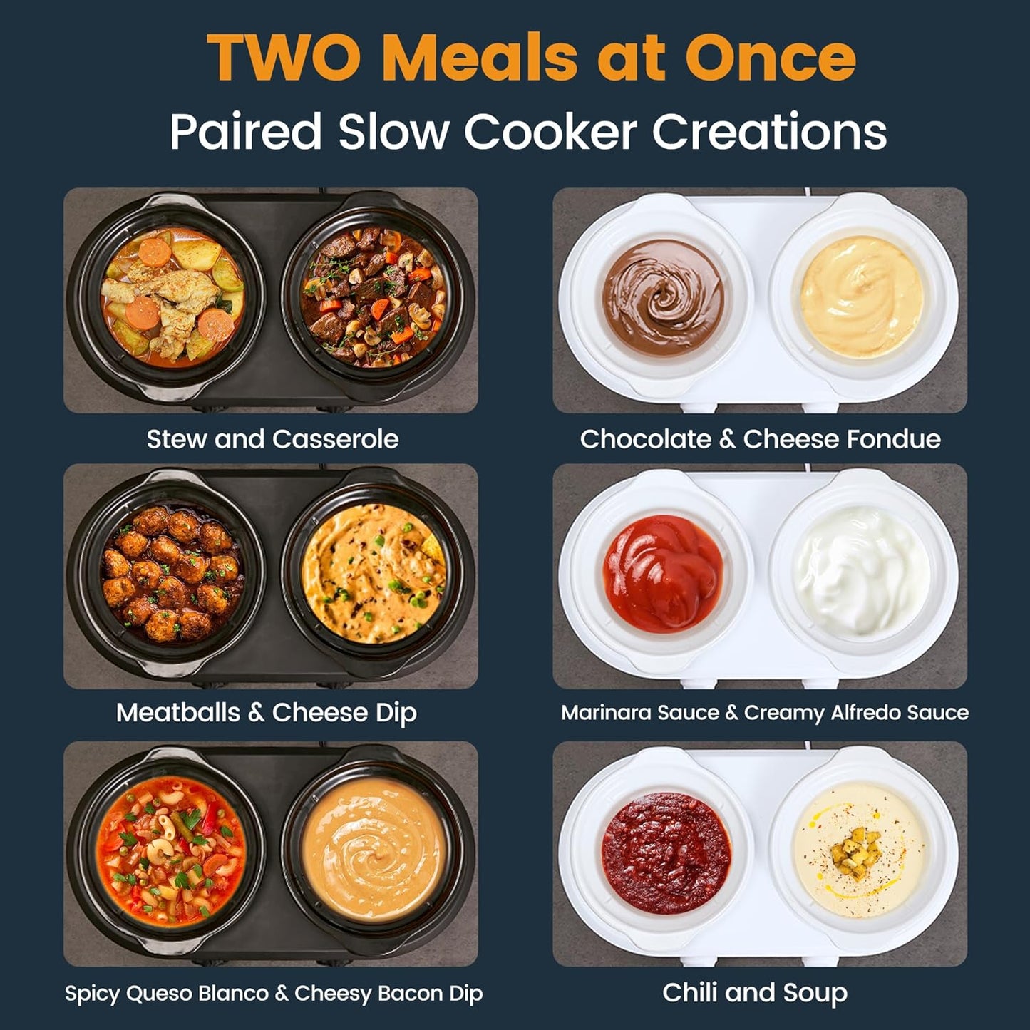 KOOC Double Small Slow Cooker, Buffet Server and Warmer, 2 Mini Pots with 3 Individual Adjustable Temp, Dual Ceramic Pots, Free Liners for Easy Clean-up, Stainless Steel, Total 2.5 Quart, Grey, Round