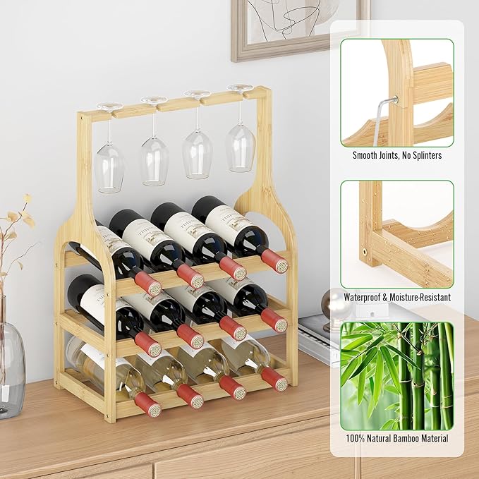 Wine Rack Countertop for 12 Wine Bottles and 4 Glass Holder, Small Bamboo Free Standing Racks Tabletop Display, Wooden Wine Storage Organizer for Cabinet Pantry Kitchen Bar Home Dining Room (Natural)