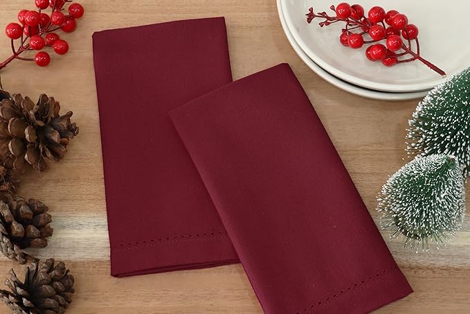 PurpleEssences Set of 12 Hemstitch Cloth Dinner Napkins 100% Cotton - Soft Durable Washable - Ideal for Wedding Christmas Holiday Winter - Perfect Everyday Use Table Linen 18x18 - Burgundy