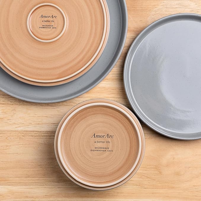 AmorArc Ceramic Dinnerware Set for 4 | Speckled Stoneware Plates and Bowls with unglazed terracotta | Scratch Resistant, Dishwasher & Microwave Safe Dishes Sets- 12-Pcs Gray