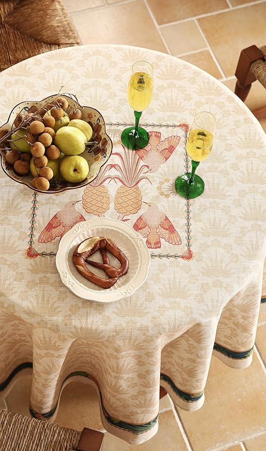 patdrea Designer Orange Tablecloth for Round Tables,Pineapple Tree Pattern Linen Tablecloth,Tropical Style Fruit Table Cover Cloth Decor for Kitchen Dining Christmas,Diameter 67"