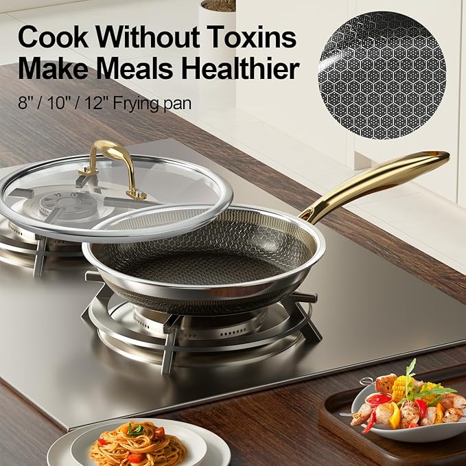 Fogdream 3PCS Pots and Pans Set Non Stick, Stainless Steel Pan, Dishwasher and Oven-Safe Frying Pan, PFOA Free and Induction Compatible Cookware Set, Gold