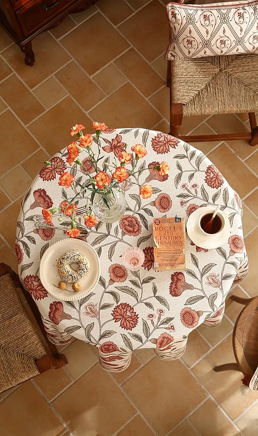 Floral Tablecloth for Round Tables,Linen Table Cloth with Orange Flowers and Green Leaves Pattern,Heavy Durable Table Cover for Dining Kitchen Decor Party Christmas,Diameter 67"