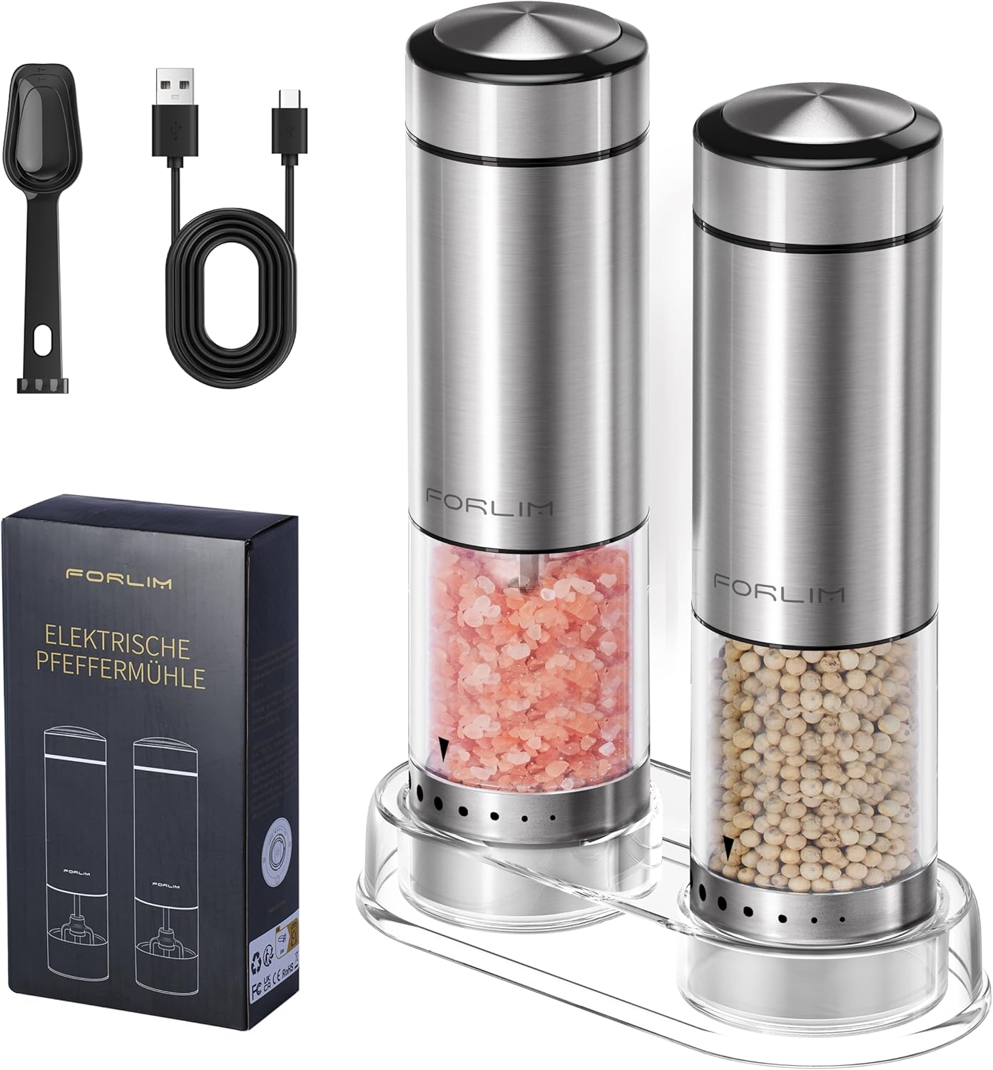 FORLIM Electric Salt and Pepper Grinder Set Rechargeable, Upgraded Washable, Automatic One-Handed Operation with LED, Adjustable Coarseness Pepper and Salt Grinder Refillable, Stainless Steel(Silver）