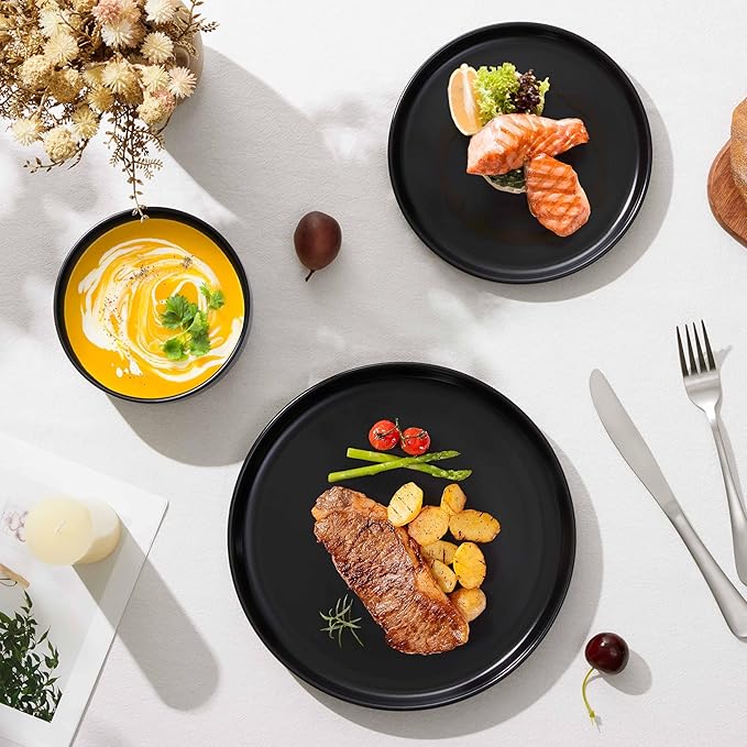 Herogo 18 Pieces Stoneware Dinnerware Set Service for 6, Dinner Plates and Bowls Sets, Double Reactive Glaze Dishes Set for Kitchen, Scratch Resistant, Microwave & Dishwasher Safe, Matte Black