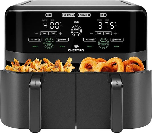 Chefman 6 Quart Dual Basket Air Fryer - Digital Touchscreen, Smart Sync Finish, Hi-Fry, Auto Shutoff, 2 Independent 3QT Nonstick Dishwasher-Safe Frying Baskets - Digital Double Air Fryer - Black