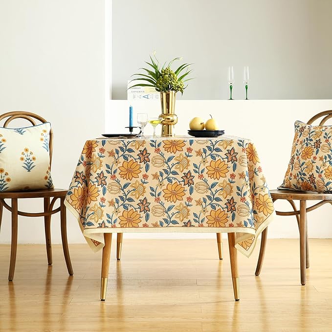 French Tablecloth for Rectangle Tables,Linen Table Cloth with Yellow Flowers Pattern,Heavy Durable Table Cover for Dining Thanksgiving Kitchen Decor Party Christmas,55"*71"