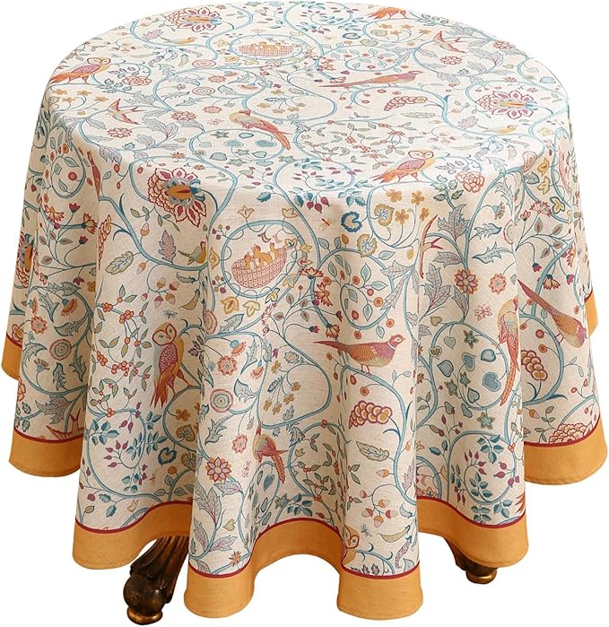 patdrea Designer Yellow French Spring Summer Tablecloth,Rustic Linen Floral Birds Table Cloth for Round Tables,Decor Table Cover for Kitchen Dining Holiday Banquet,Christmas,Diameter 67"