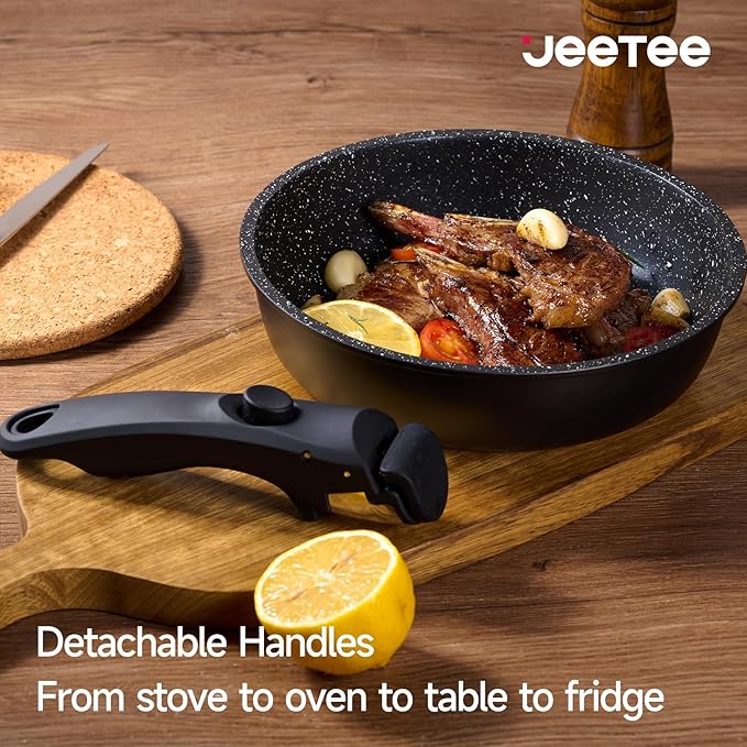 JEETEE Nonstick Pots and Pans Set with Removable/Detackable Handle (Black, 25 Pieces)