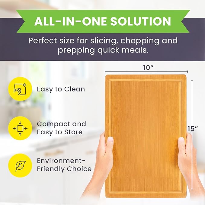 Bamboo Cutting Board – 15 Inch Wood Cutting Boards for Kitchen with Glue-Free Surface™ & Juice Groove – Non-Toxic, FSC-Certified, Durable Wooden Chopping Board - Rectangle