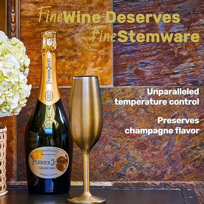NEWPORT Stemware Collection, Premium Vacuum Insulated Stainless Steel Sparkling Wine & Champagne Flute, Crystal Thin Champagne Glass, Unbreakable & Drinks Stay Cold, Non-Slip Silicon Base, 6oz, White