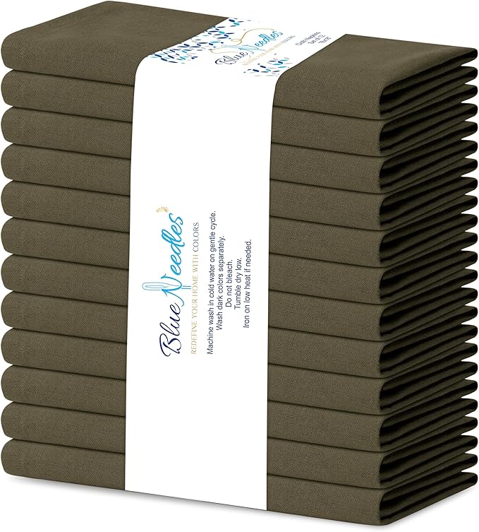 Blue Needles Solid Cloth Napkins Set of 12 Olive Green 100% Cotton Dinner Napkins 18x18 inches, Soft, Reusable, Absorbent, Washable Linen, Ideal for Fall Thanksgiving Events, Parties & Everyday Use