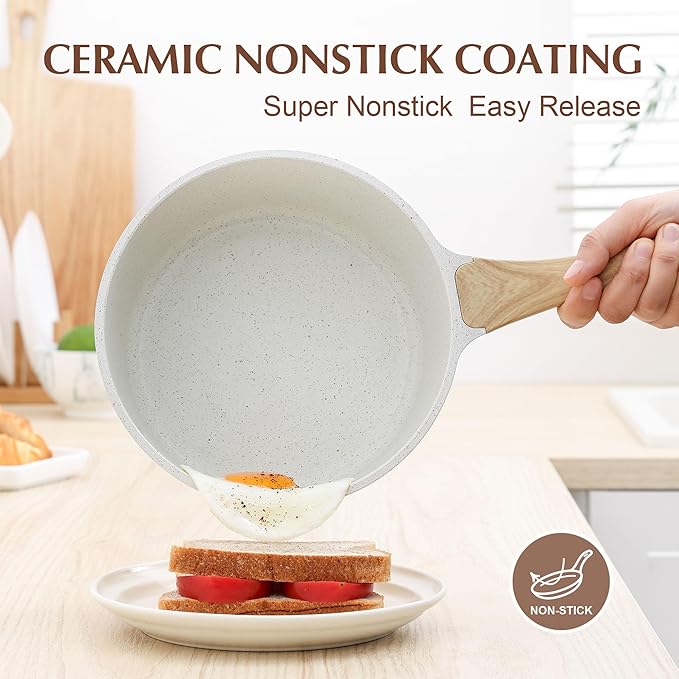 SENSARTE White Ceramic Nonstick Saucepan with Lid Set, Small Cooking Pot with Stay Cool Handle, Induction Compatible Saucepot, White Granite Coating, PFOA/PFAS Free, 1.5 + 2.5QT